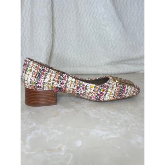 Tory Burch Pink Cream Gold Tweed Wooden Block Heel Georgia Pump Womens 7 US - Picture 4 of 14